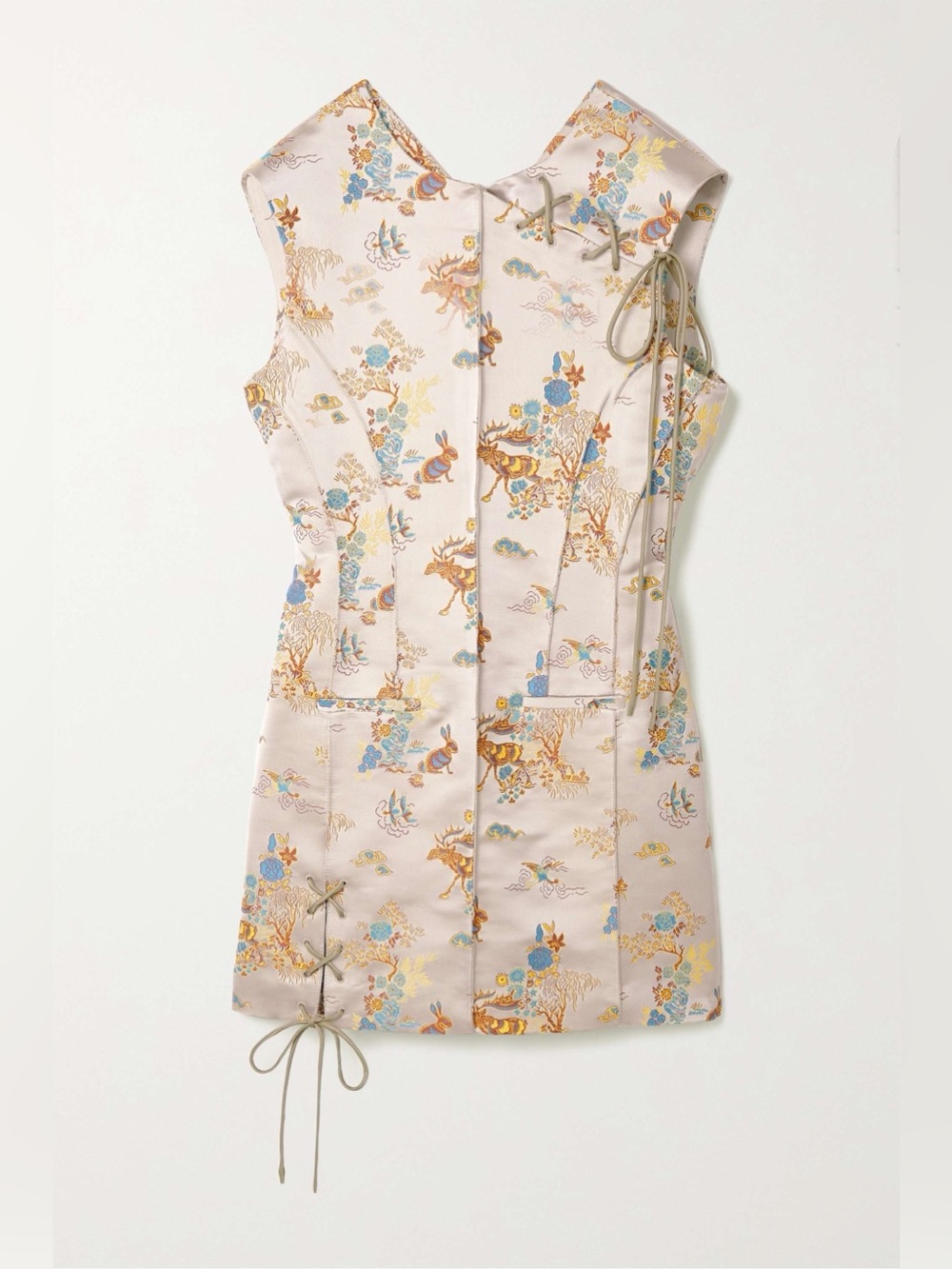 Acne Studios Dussina Satin Jacquard Tie Lace Up Fitted Mini Dress Cream Ivory